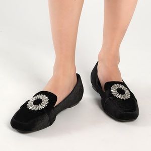 LULUS Vivalay Black Velvet Rhinestone Loafers NWOB
